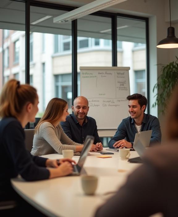 Ett engagerat team från Fjordfolket i ett mötesrum.